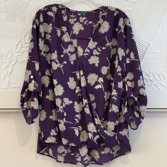 West Kei Tops - West Kei Women's Tab Sleeve Top Purple Floral SZ L Blouse Top Stretch